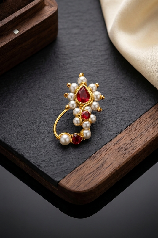 Traditional Pearl and Red Stone Nath