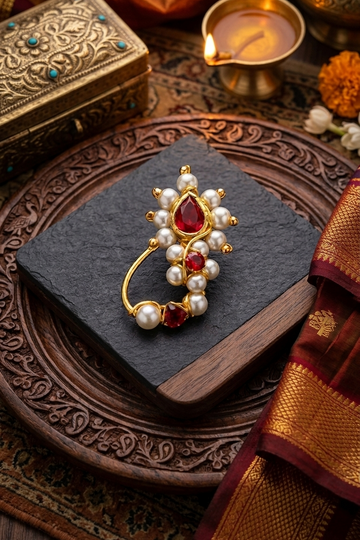 Traditional Pearl and Red Stone Nath