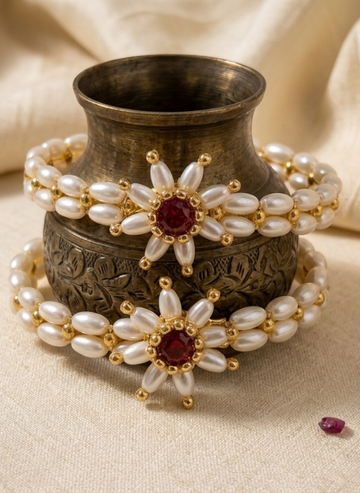 Rice Pearl Bangles with Small Flower