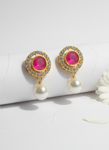Pink Stone and Pearl Earrings