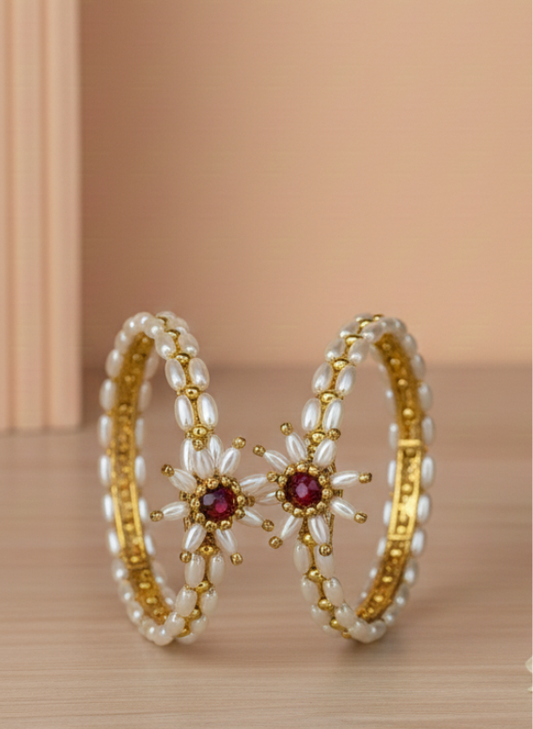 Rice Pearl Bangles with Small Flower